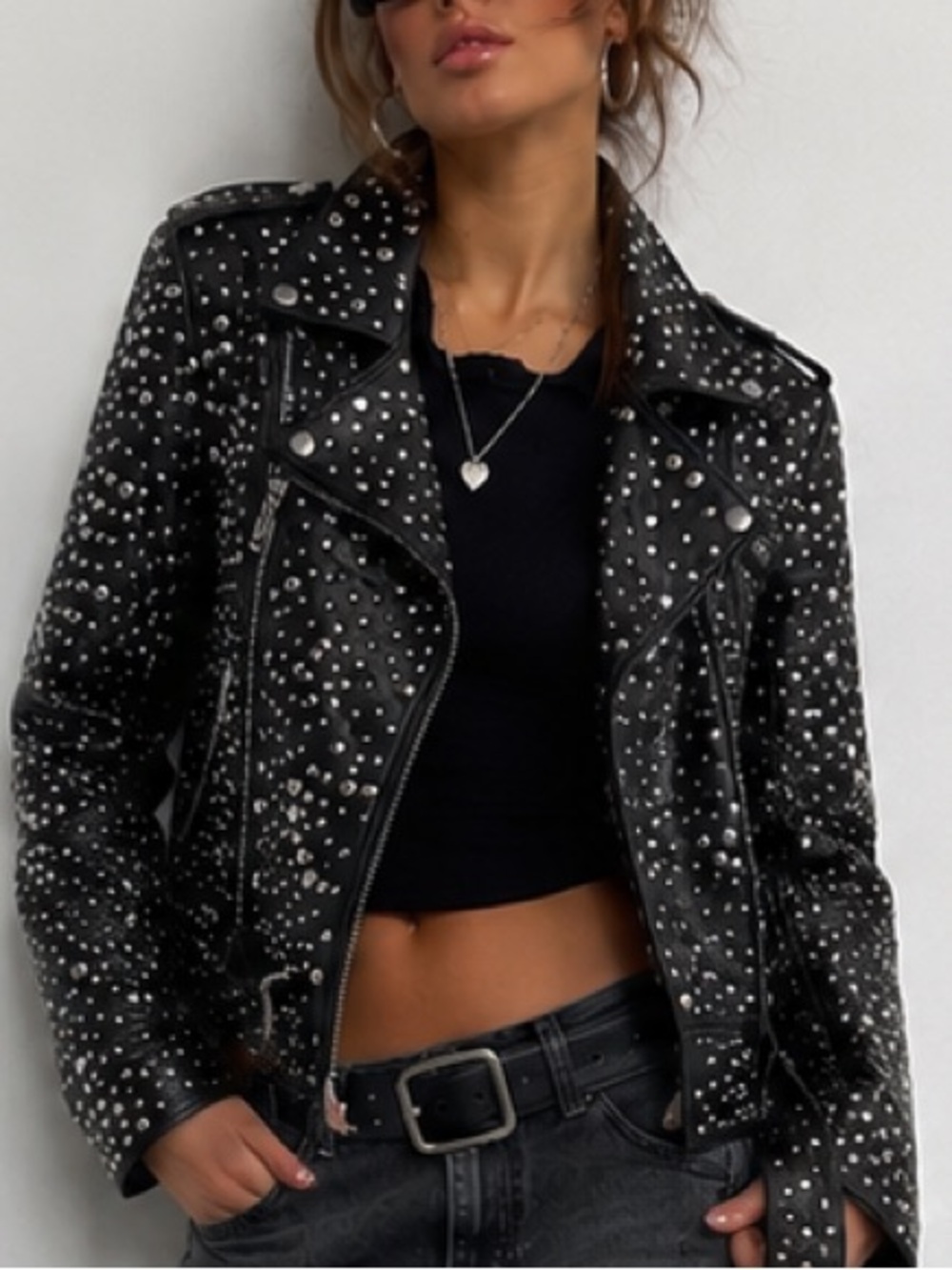 ❤️MAKE OFFER❤️ Free People Black Silver Studded Leather Moto Biker Jacket Size 8
